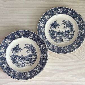 VTG Pair of Homer Laughlin Shakespeare Country Dinner Plate Blue White Ironstone